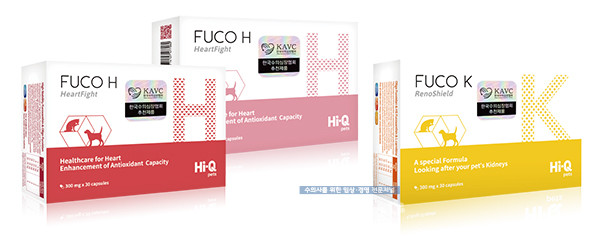 좌측부터 심장 보조제 ‘후코에이치(FUCO H)’, 신장 영양보조제 ‘후코케이(FUCO K)’